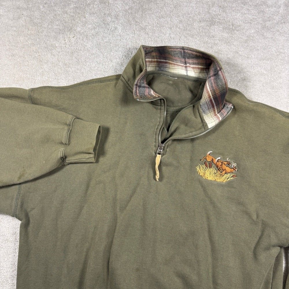 Unbranded Sweatshirt Men L Olive Green Deer Embroidery Plaid Collar Quarter Zip